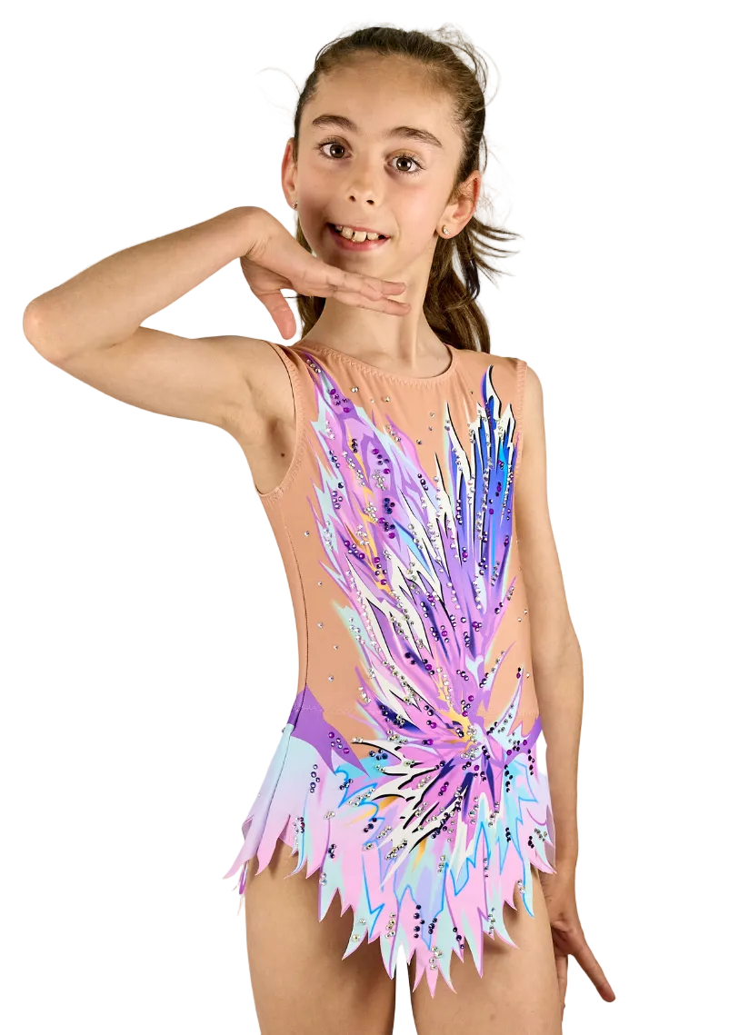 Body da ginnastica ritmica modello Crepe nei toni del viola e del blu con strass.