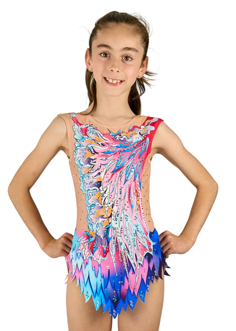 Body da ginnastica ritmica modello Muffin color corallo e blu con strass.