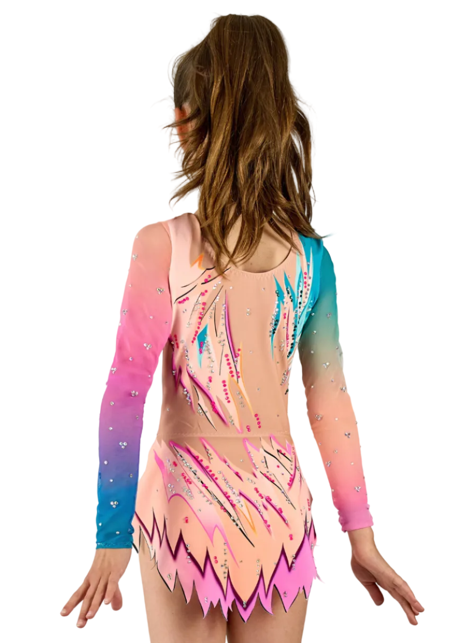 Body da gara con design a fulmini in fucsia, arancione e verde smeraldo.