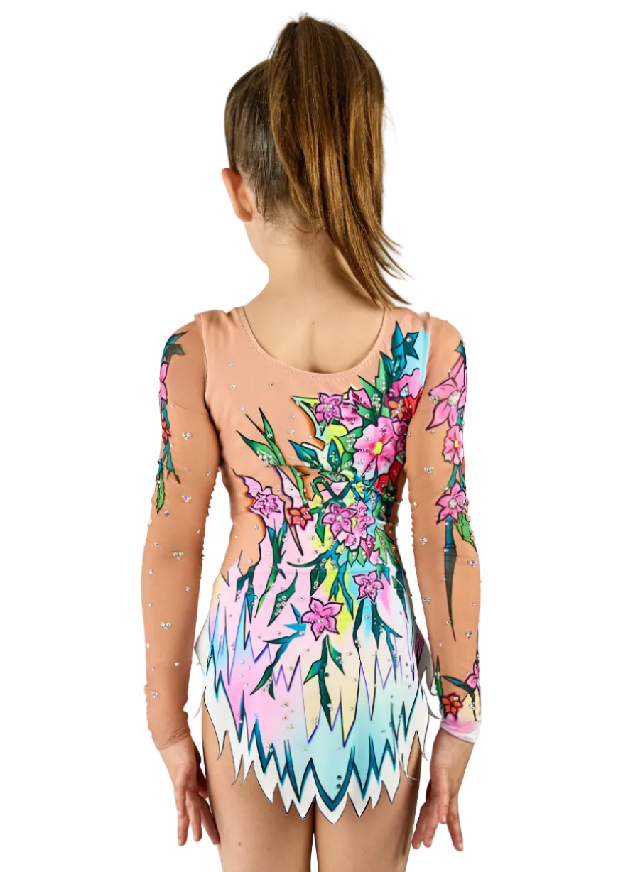 Body da gara con motivo a colibrì e vegetazione in colori vibranti.