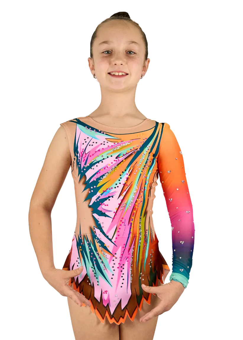 Body da ginnastica ritmica modello Moka in rosa e arancione con strass.