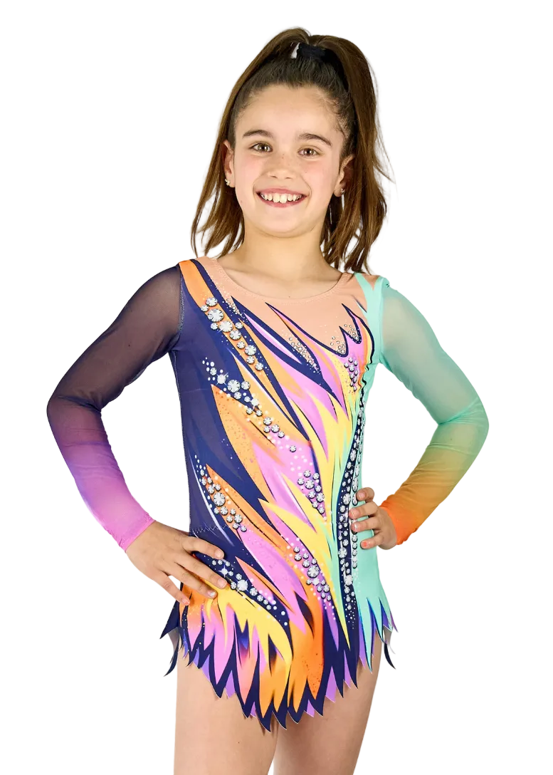 Body da ginnastica ritmica blu e fluo con gonnellino a punte e dettagli in strass da gara.