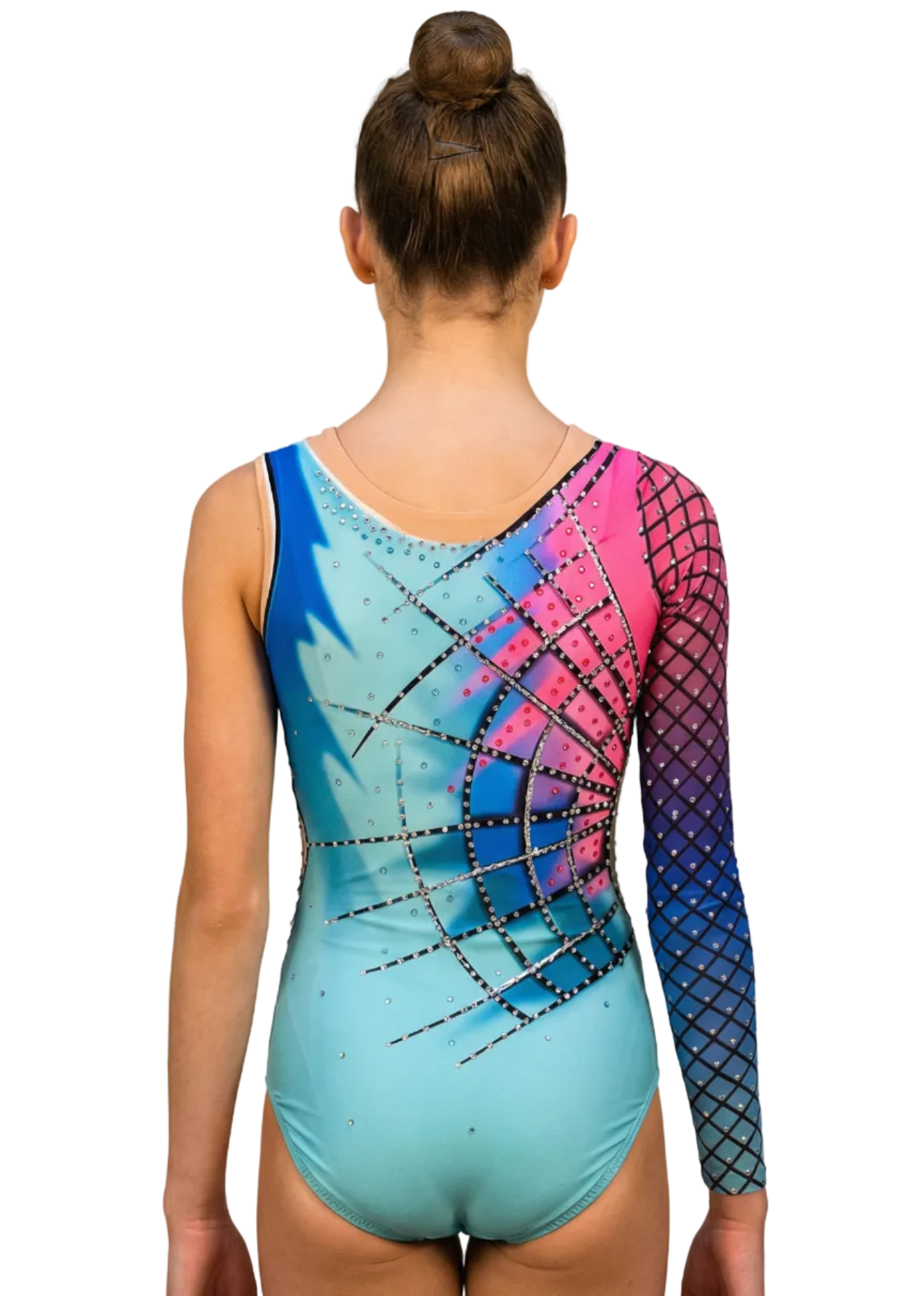 Body per ritmica turchese con sfumature rosa-blu, strass e manica lunga geometrica per uno stile moderno e vibrante.
Body da ginnastica in turchese con design asimmetrico rosa-blu, rete geometrica e strass per una finitura dinamica e attuale.
Retro del body per ritmica turchese con sfumature rosa-blu, rete geometrica e strass in uno stile contemporaneo e accattivante.