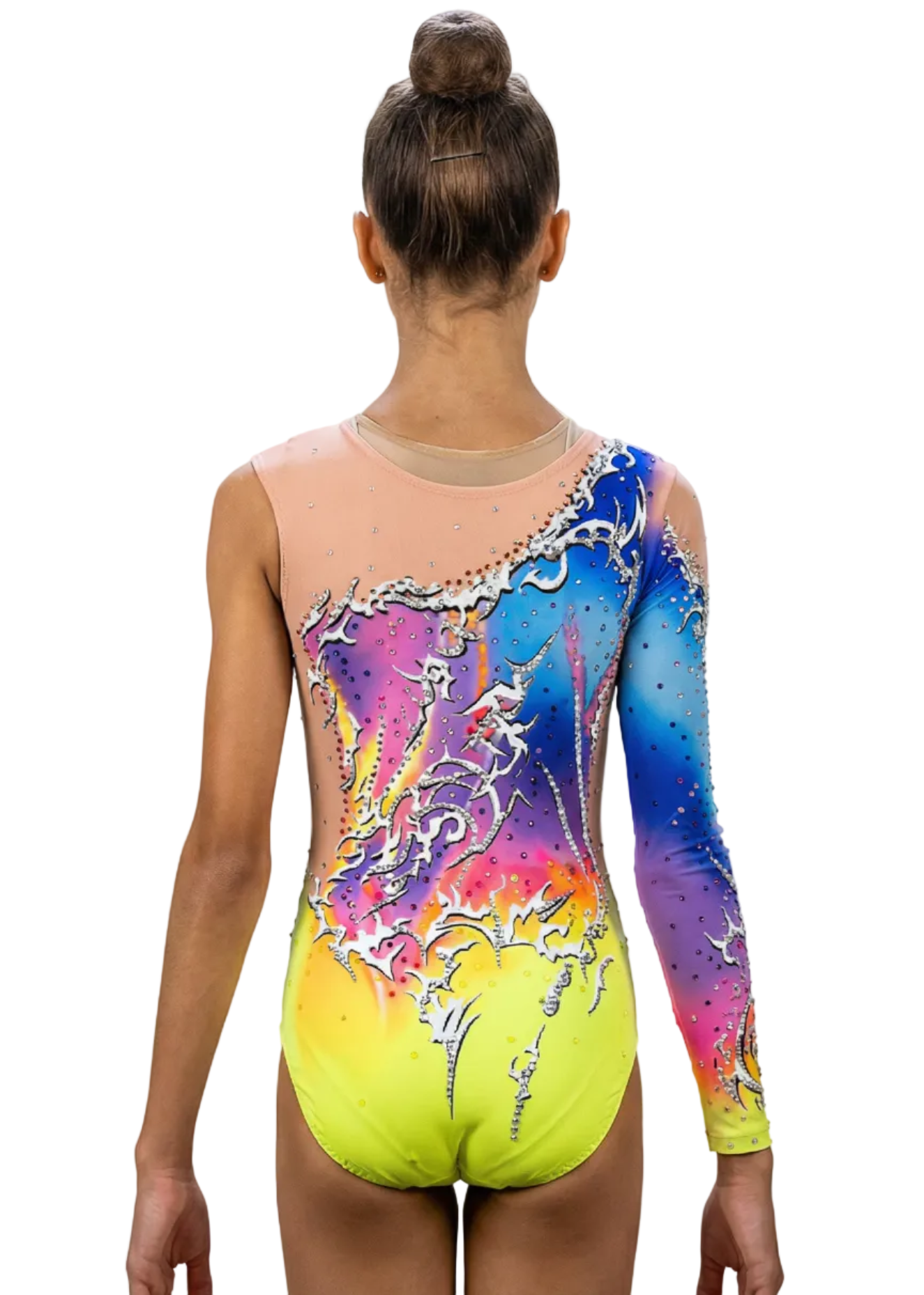 Body da gara per ginnastica ritmica giallo e multicolore con rete color nudo, strass brillanti e design fluido dallo stile vibrante.
Body per ritmica multicolore con base gialla, abbondanti strass, rete color nudo e tratti dinamici dal design energico.
Retro del body per ritmica giallo e multicolore con strass sparsi, rete color nudo e forme fluide dallo stile accattivante.