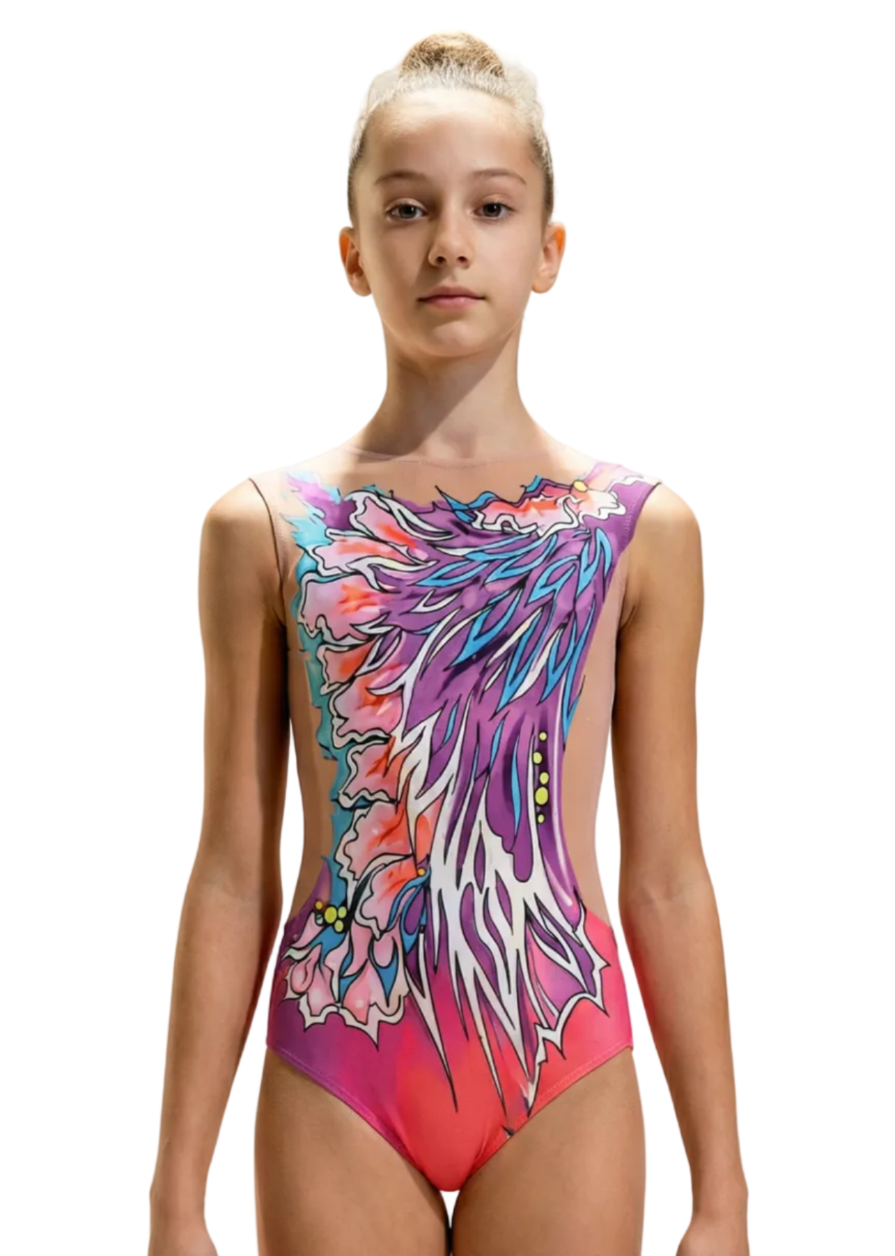 Body per ritmica rosa-viola con stampa laterale di piume e fiori, trasparenze e strass in uno stile dinamico e artistico.
Body da ginnastica con sfumatura fucsia-viola, design asimmetrico di piume e fiori, dettagli brillanti ed estetica vibrante.
Retro del body per ritmica rosa-viola con trasparenze e grande design di piume stilizzate che crea un effetto fluido e accattivante.