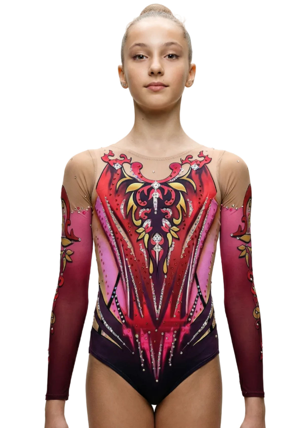 Body da gara per ginnastica ritmica rosso e fucsia con maniche lunghe, abbondanti strass e sfumature intense in uno stile ornamentale elegante.
Body fucsia e rosso per ginnastica ritmica con trasparenze, strass brillanti e design simmetrico dettagliato in uno stile barocco moderno.
Retro del body per ritmica rosso con sfumature scure, strass brillanti e motivi ornamentali dorati in uno stile elegante e dinamico.