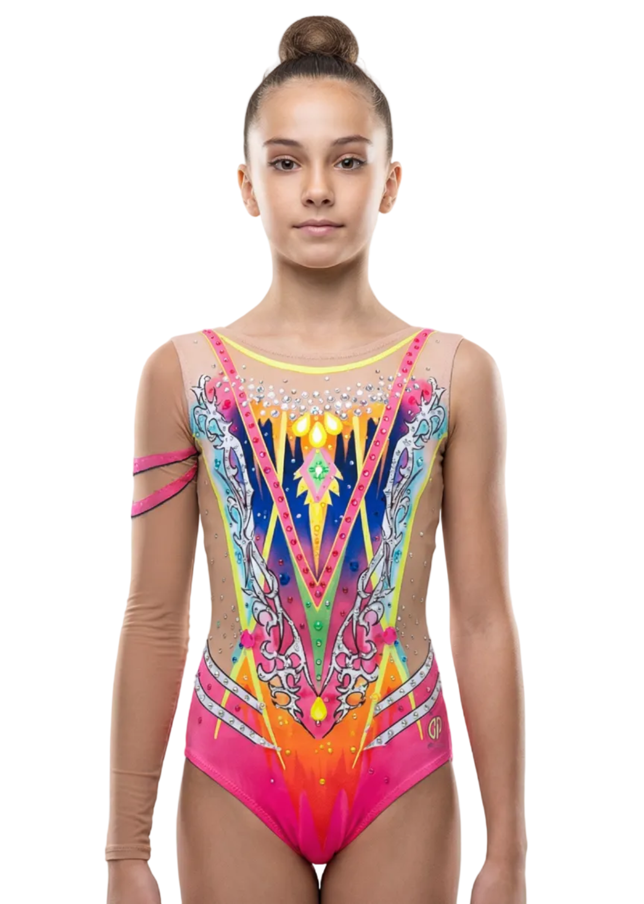 Body da gara per ginnastica ritmica rosa e giallo con trasparenze, strass e design centrale geometrico multicolore in uno stile vibrante e dettagliato.
Body per ritmica nei toni del fucsia e neon con trasparenze, strass e motivi simmetrici che creano un look dinamico e luminoso.
Retro del body per ritmica rosa con trasparenze, strass e design geometrico multicolore in uno stile brillante ed esuberante.