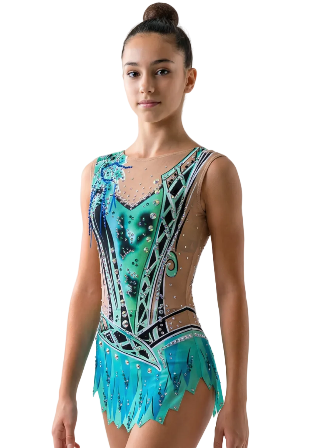 Body da gara per ginnastica ritmica in turchese e verde con abbondanti strass, trasparenze simulate e dettagli geometrici per uno stile elegante.
Body per ginnastica ritmica in colore chiaro con verdi intensi, blu, strass brillanti e design geometrico dall'aspetto dinamico.
Body per ginnastica ritmica visto sul retro su base chiara con verdi e turchesi, strass e motivi geometrici fluidi.