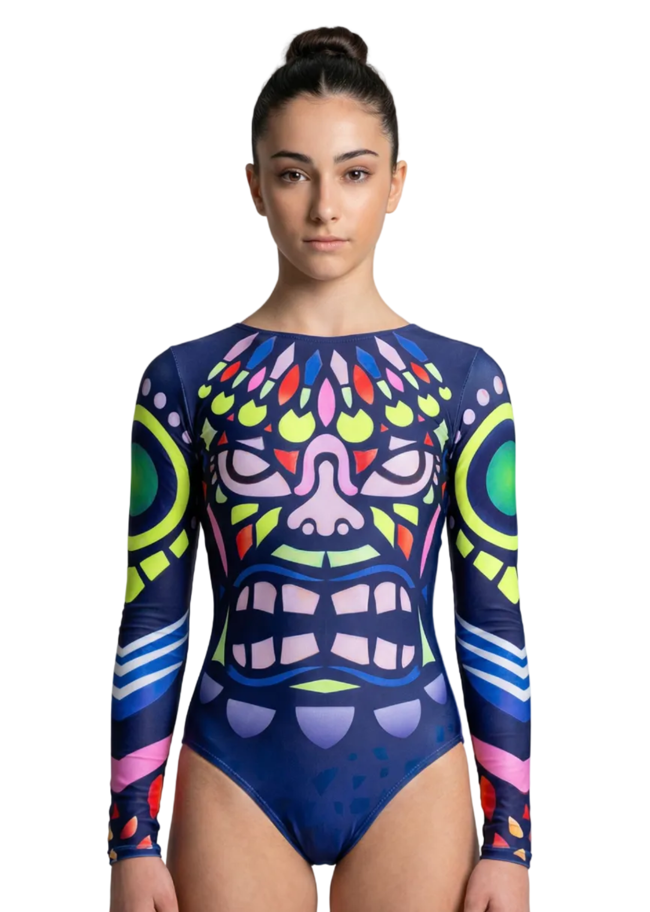 Body da gara per ginnastica ritmica blu navy con maniche lunghe e design tribal multicolore in uno stile accattivante e simmetrico.
Body da ritmica blu scuro con motivo frontale geometrico multicolore ed estetica artistica di grande impatto visivo.
Schiena di un body da ritmica blu navy con design tribal simmetrico multicolore e finitura vibrante dallo stile grafico.