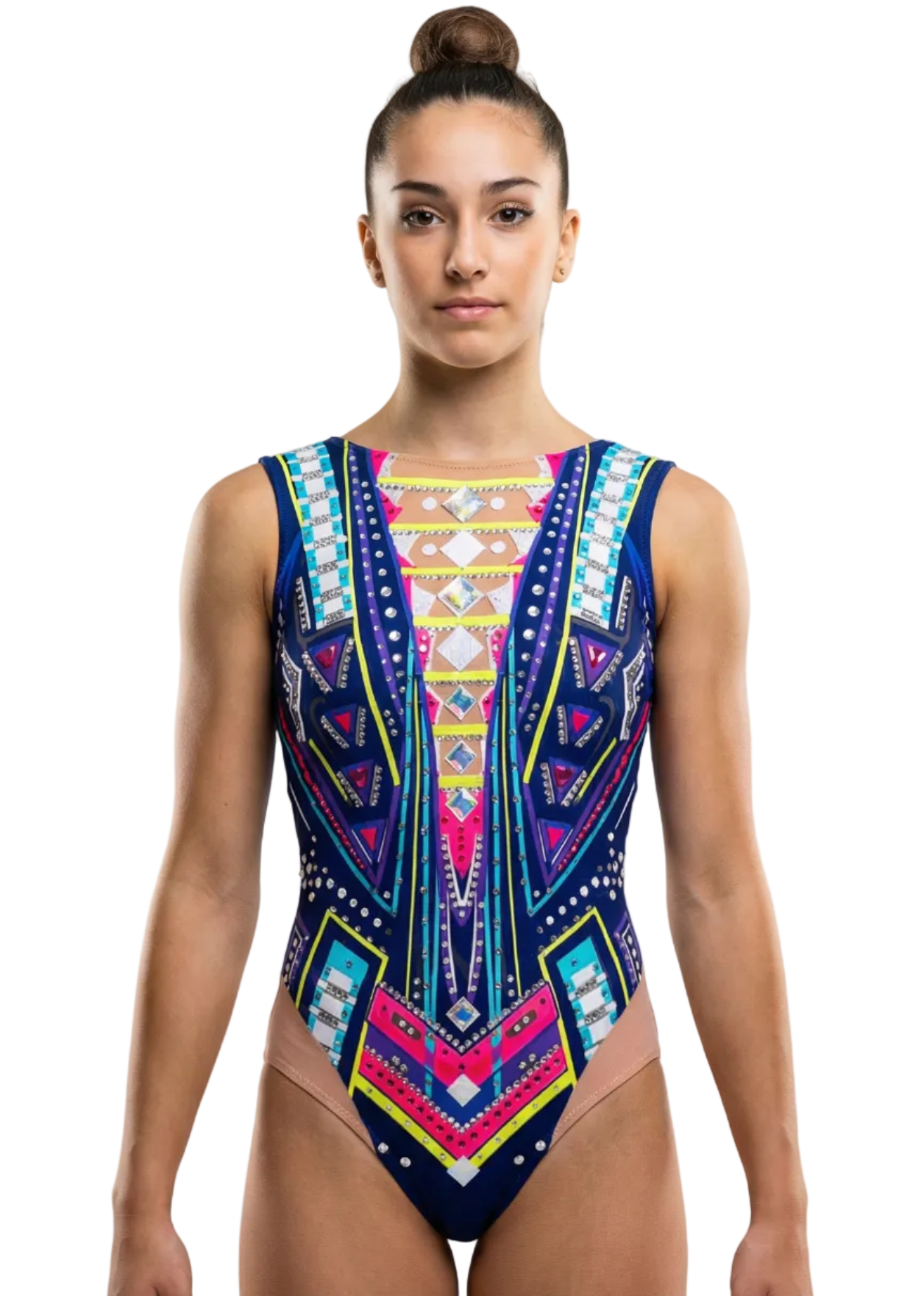 Body da gara per ginnastica ritmica blu navy con stampa geometrica multicolore, strass brillanti e lati con rete color nudo in stile vibrante.
Body da ritmica blu navy con design geometrico neon, abbondanti strass, trasparenze laterali color nudo e finitura visiva accattivante.
Schiena di un body da ritmica blu navy con stampa geometrica multicolore, strass discreti e design simmetrico dallo stile moderno.