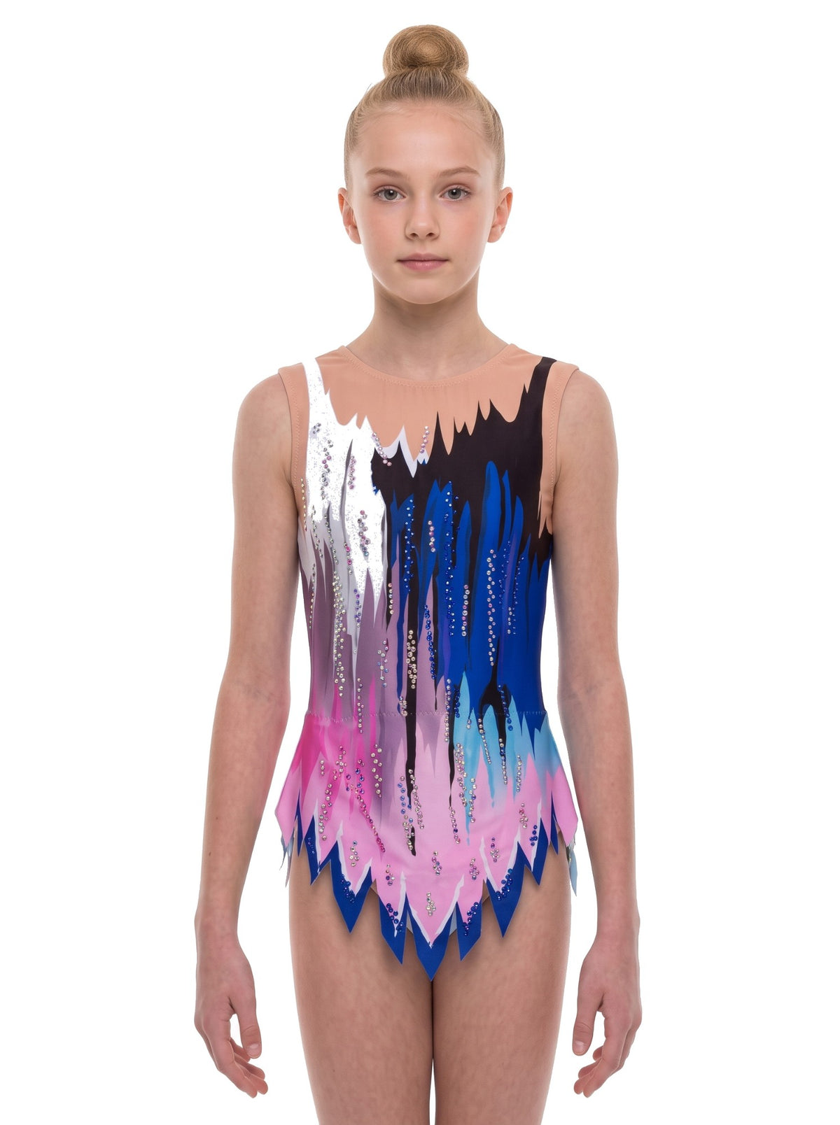 Vista frontale del body da ginnastica ritmica Greco senza maniche, con tratti verticali neri, bianchi e blu su rosa e lilla.