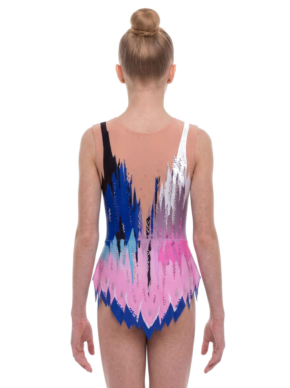 Vista posteriore del body Greco con il motivo verticale blu, rosa e lilla e il fondo a punte.
