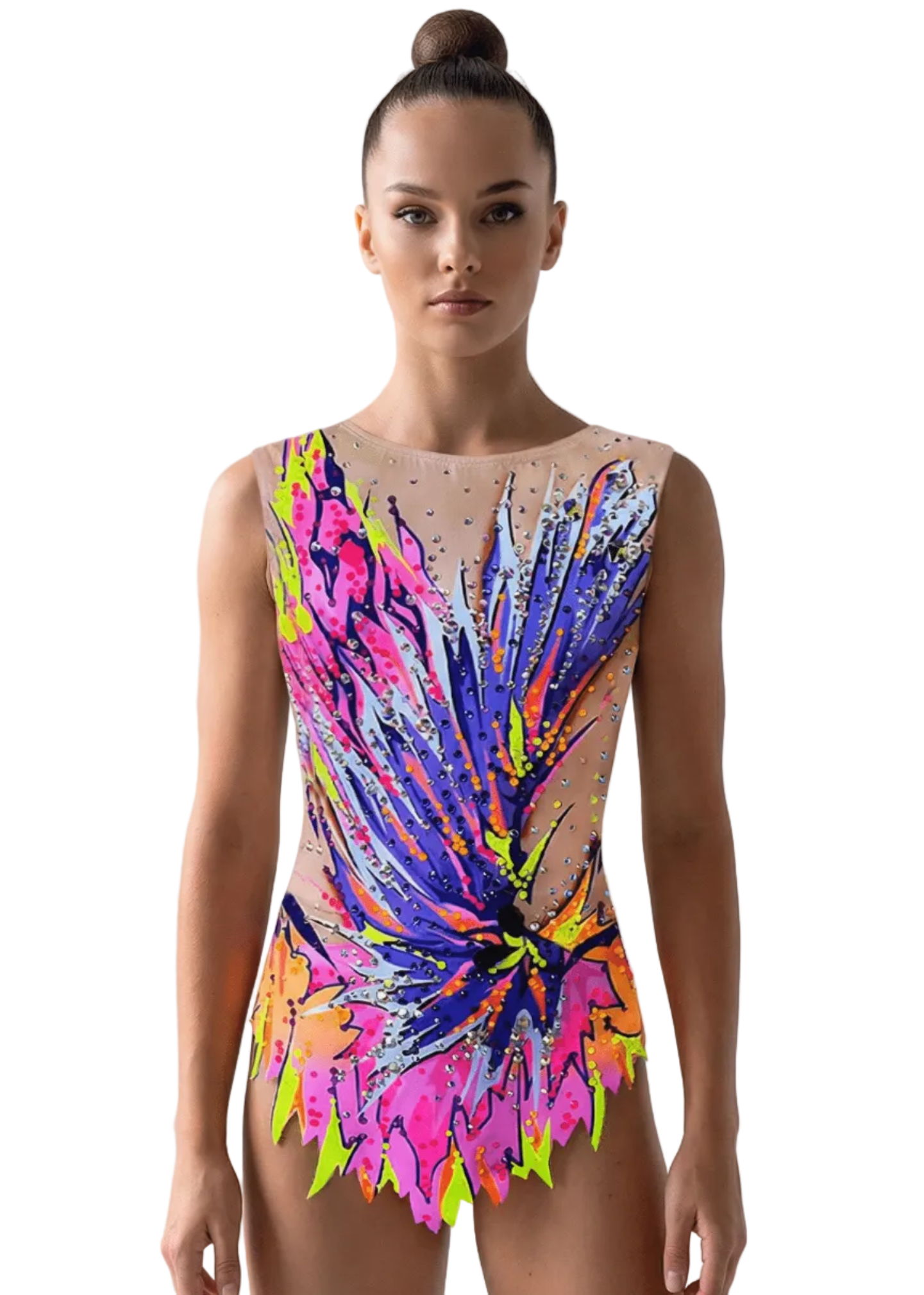Body da ginnastica ritmica con base semitrasparente ed esplosione neon in rosa, viola e blu con strass brillanti.
Body da ritmica semitrasparente con sfumature neon rosa, viola e giallo, dettagli in strass e design astratto frontale dinamico.
Body da ritmica semitrasparente con continuità di design astratto neon multicolore e strass sparsi per un effetto vibrante sulla schiena.