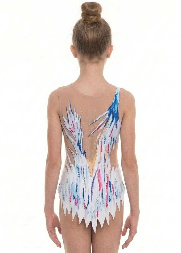 Retro di Kahlo con tratti blu e rosa su bianco e azzurro, zone color carne e fondo a punte.