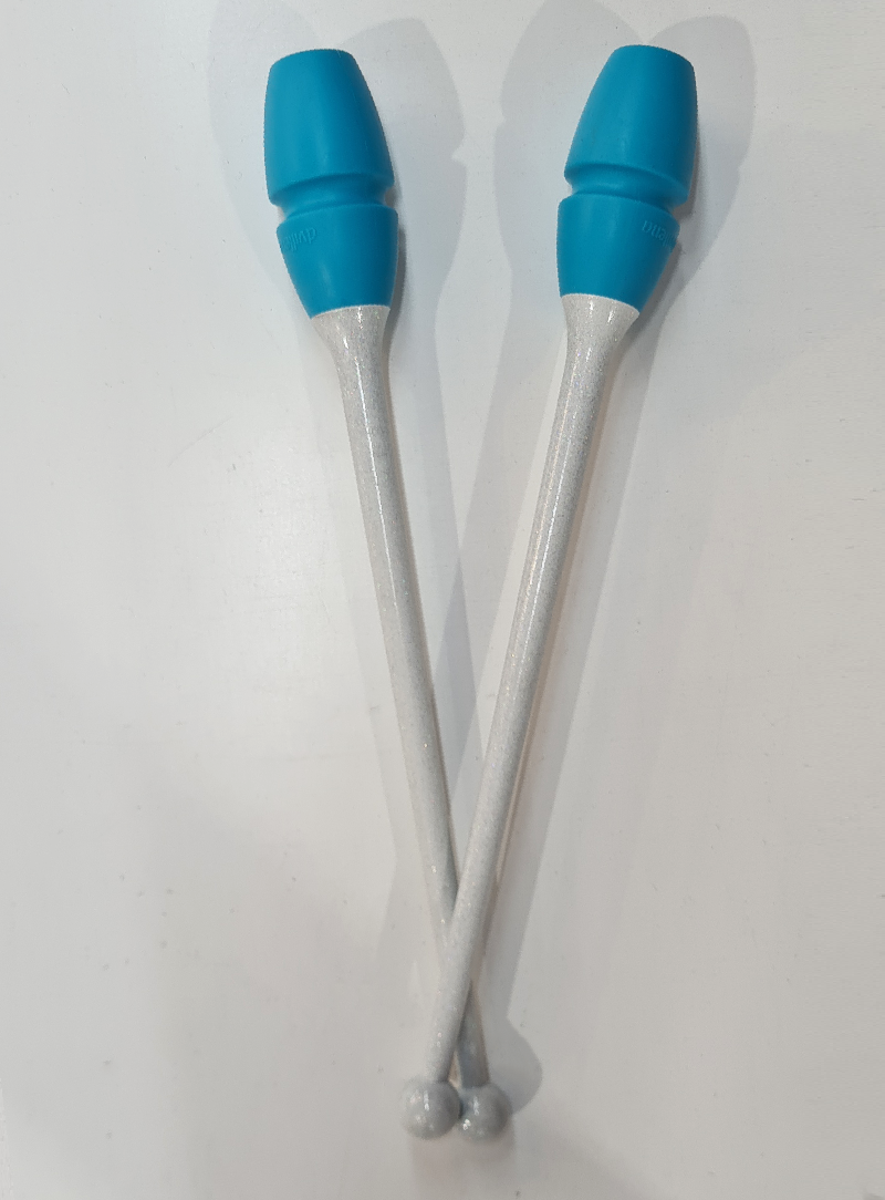 Mazas de gimnasia rítmica 41cm blanco glitter y turquesa engarzables