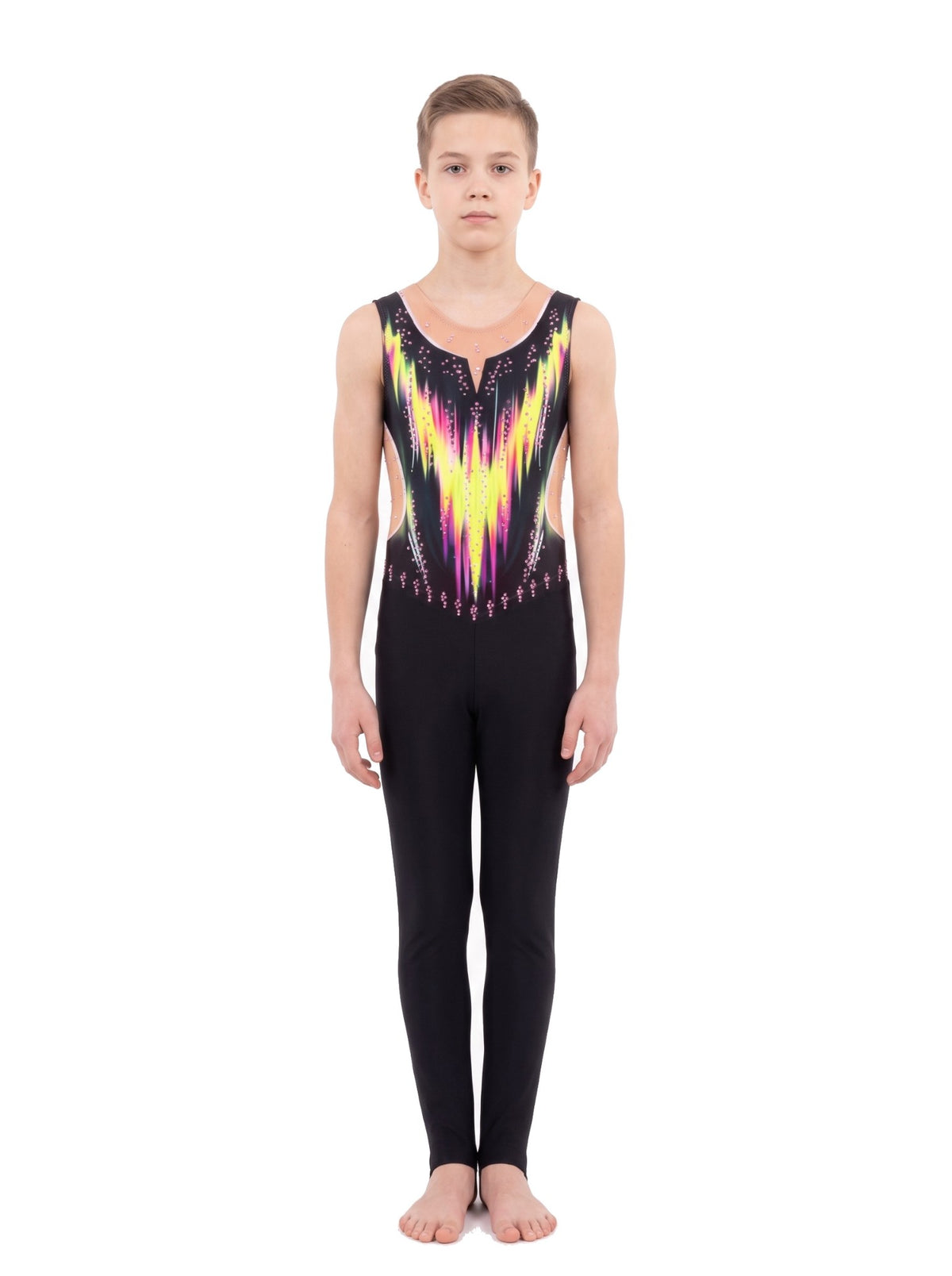 Tuta di ginnastica ritmica Danna vista di fronte: fiamme giallo neon e fucsia su nero, senza maniche e gamba lunga nera.