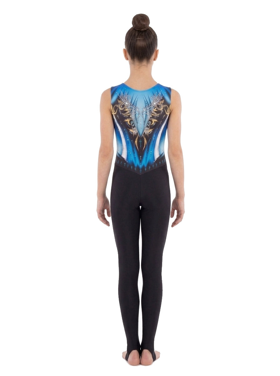 Retro della tuta di ginnastica ritmica Los Ángeles: motivo nero e dorato con strass su base blu, gamba lunga nera con staffa.