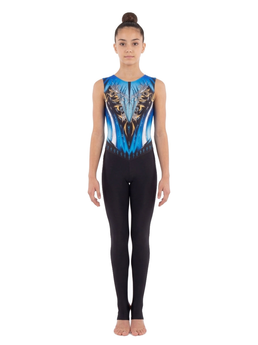 Tuta di ginnastica ritmica Los Ángeles vista di fronte: corpo senza maniche blu con motivo nero e dorato e strass, gamba lunga nera.