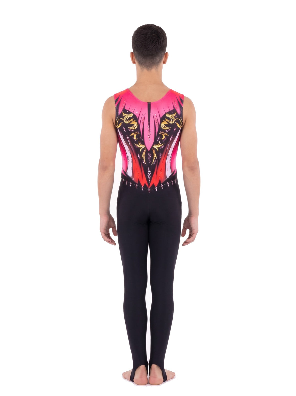 Retro della tuta di ginnastica ritmica New York: fucsia e corallo con volute dorate, senza color carne e gamba lunga con staffa.
