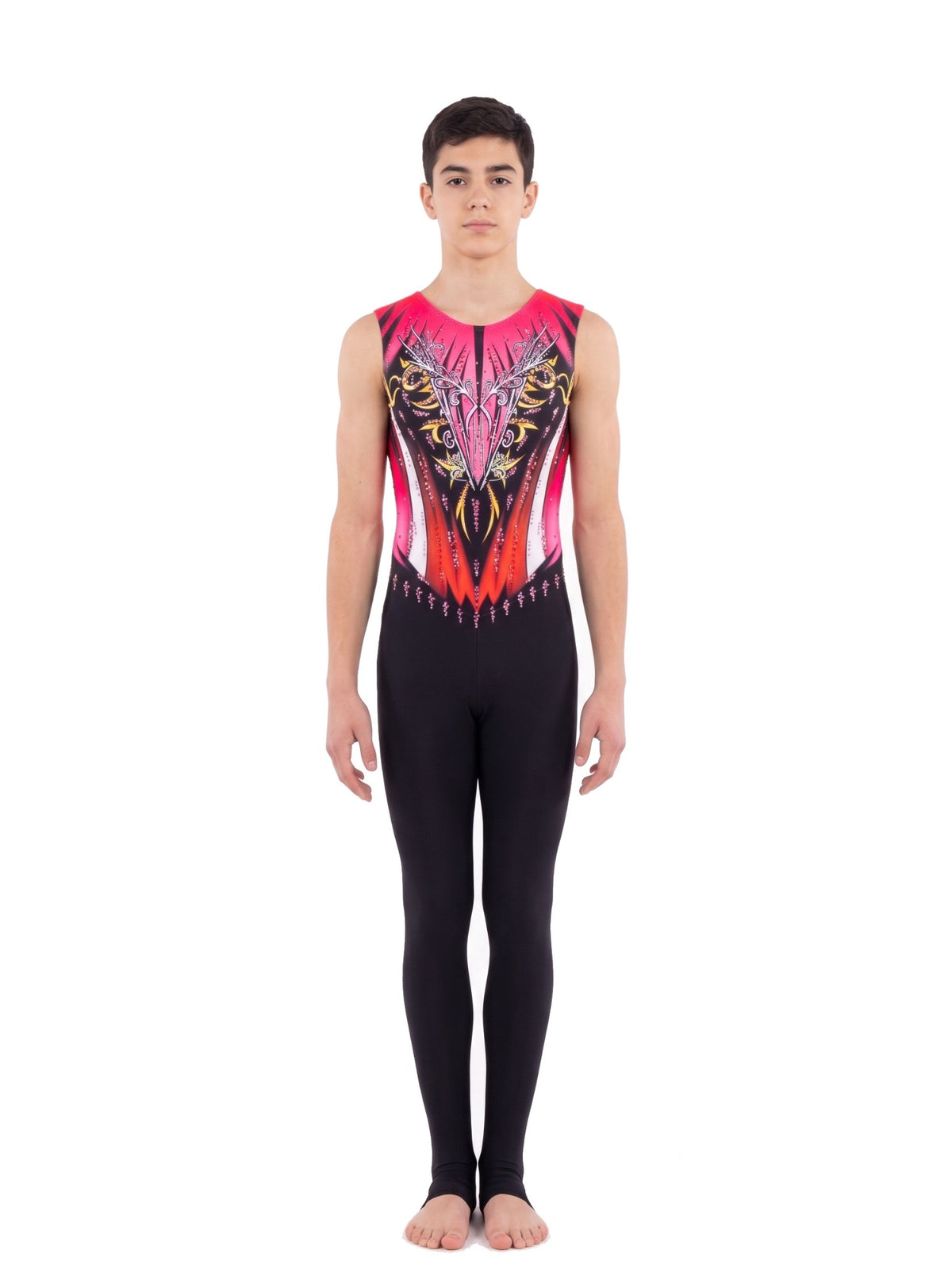 Tuta di ginnastica ritmica New York vista di fronte: fucsia, corallo e nero con filigrana argentata e dorata, senza maniche e gamba lunga nera.