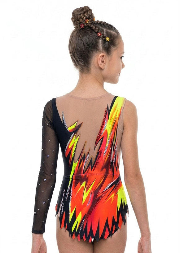 Body da ginnastica ritmica artistico rosso e nero con strass per esibizioni.