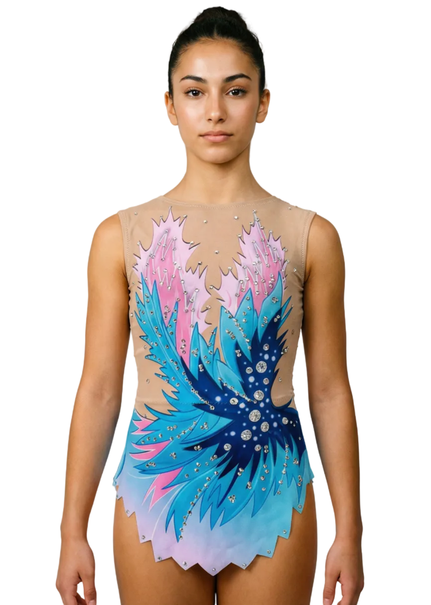 Body da gara per ginnastica ritmica in rosa e blu con sfumature, abbondanti strass e motivi fiammeggianti per uno stile luminoso.
Body per ginnastica ritmica in colore chiaro con blu intensi, rosa tenui, strass brillanti e design fiammeggiante dall'aspetto dinamico.
Body per ginnastica ritmica visto sul retro su base chiara con rosa e blu, strass e motivi fiammeggianti fluidi.