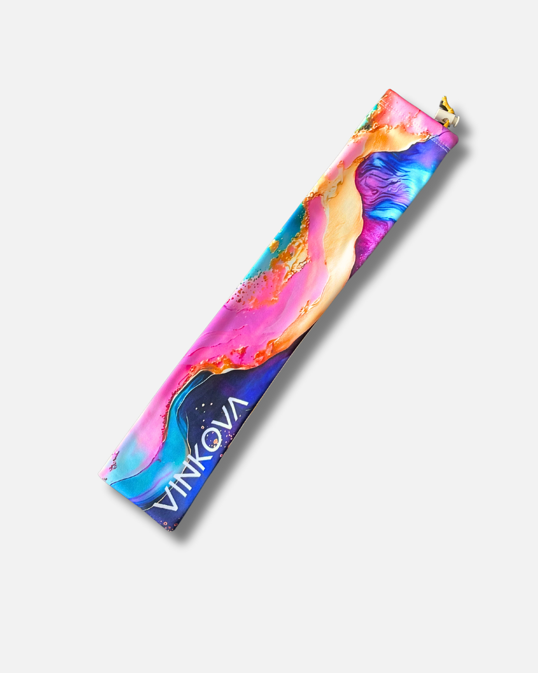 Custodia lunga per clavette Sidney Vinkova, stampa rosa, blu e giallo e logo.
