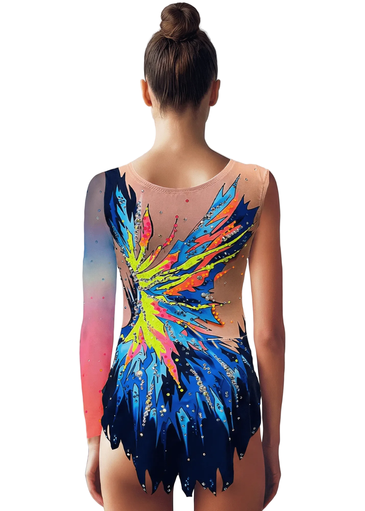 Body da ginnastica ritmica semitrasparente nei toni fucsia, viola e neon, strass brillanti e design posteriore esplosivo con linee dinamiche e decise.
Body da ritmica con base semitrasparente, dettagli fucsia e viola, strass abbondanti e motivo posteriore dinamico con forme neon a contrasto.
Body da ginnastica ritmica semitrasparente in rosa, viola e giallo neon, strass sparsi e stile posteriore vibrante con tratti espansivi.