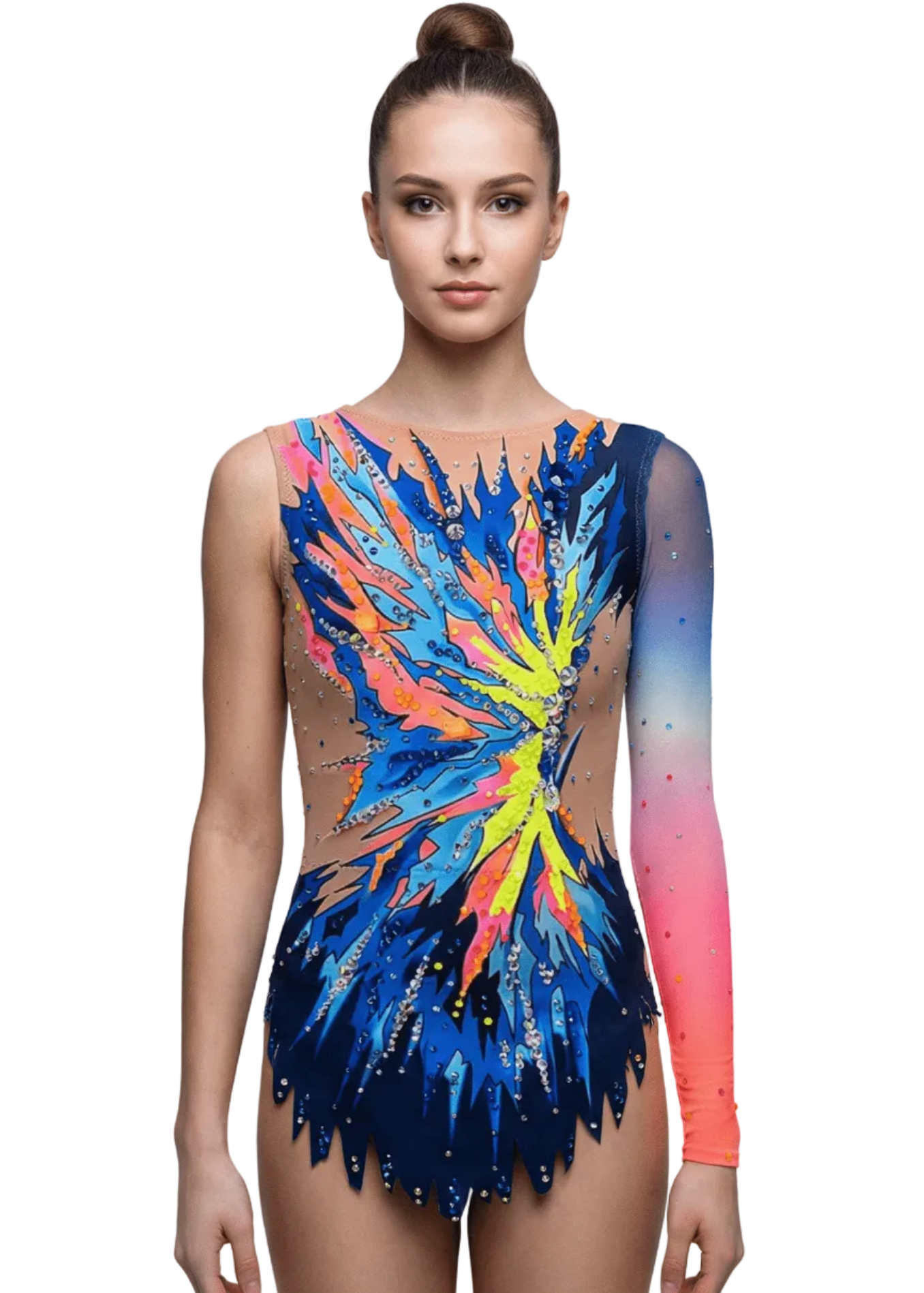Body da ginnastica ritmica blu e neon con trasparenze, strass abbondanti, una manica sfumata e design frontale esplosivo stilizzato.
Body da ritmica in blu scuro e tonalità neon, strass brillanti, trasparenze laterali e motivo frontale dinamico con forme appuntite.
Body da ginnastica ritmica blu e neon con strass sparsi, sfumature vibranti e stile posteriore con forme ascendenti dinamiche.