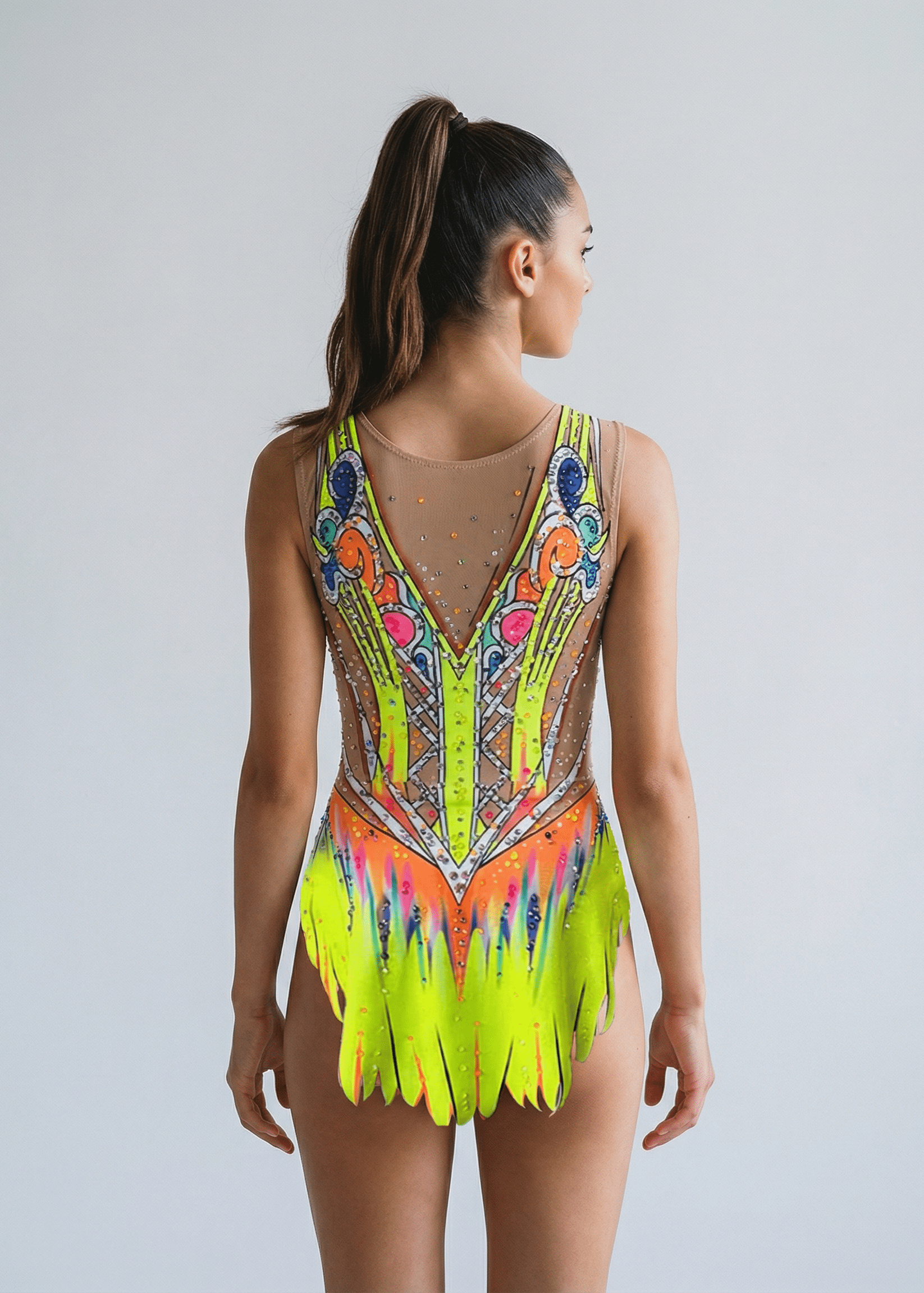 Espalda de maillot rítmico neón multicolor con transparencias tono piel, pedrería brillante y diseño simétrico con falda recortada vibrante.
Espalda de maillot de gimnasia rítmica en tonos neón con pedrería abundante, transparencias tono piel y motivos ornamentales definidos.
Espalda de maillot rítmico multicolor neón con líneas decorativas, pedrería dispersa y falda recortada de estilo llamativo.