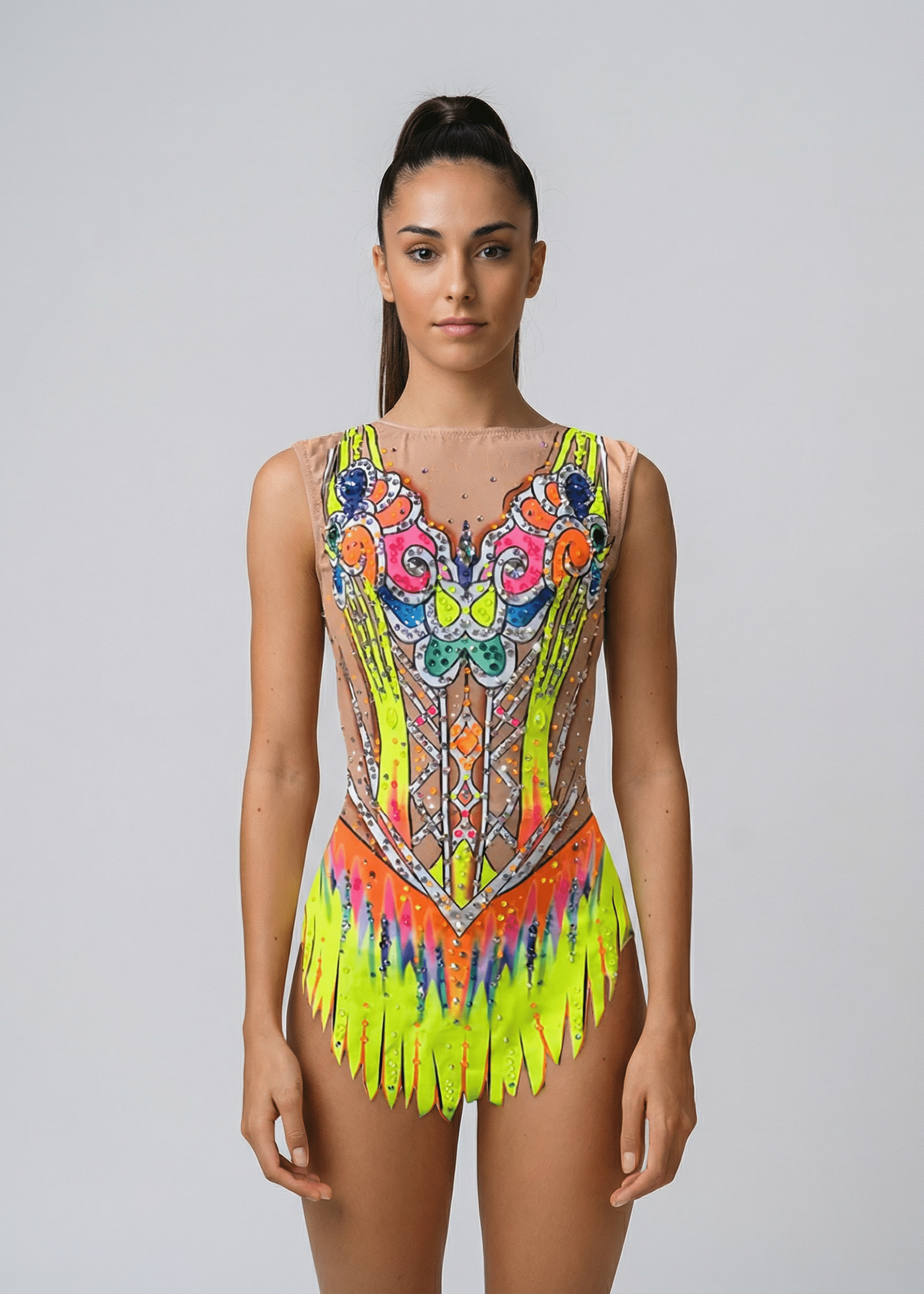 Maillot de gimnasia rítmica neón multicolor con transparencias tono piel, pedrería abundante y diseño simétrico tipo corpiño con falda recortada vibrante.
Maillot rítmico multicolor neón con transparencias tono piel, pedrería brillante, detalles ornamentales centrales y falda recortada en estilo llamativo.
Espalda de maillot rítmico neón multicolor con transparencias tono piel, pedrería dispersa y diseño fluido de líneas decorativas.