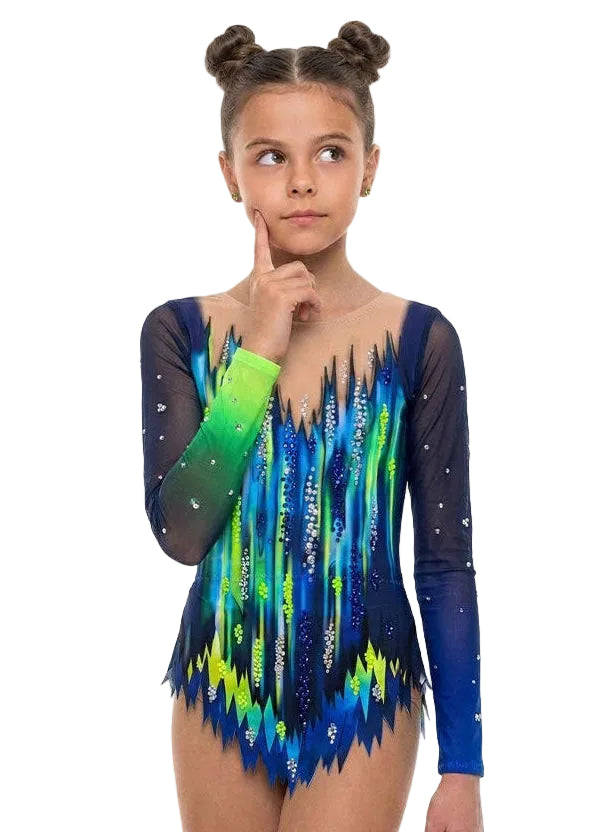 Body da ginnastica ritmica blu notte e verde lime fluo con strass brillanti per competizione.