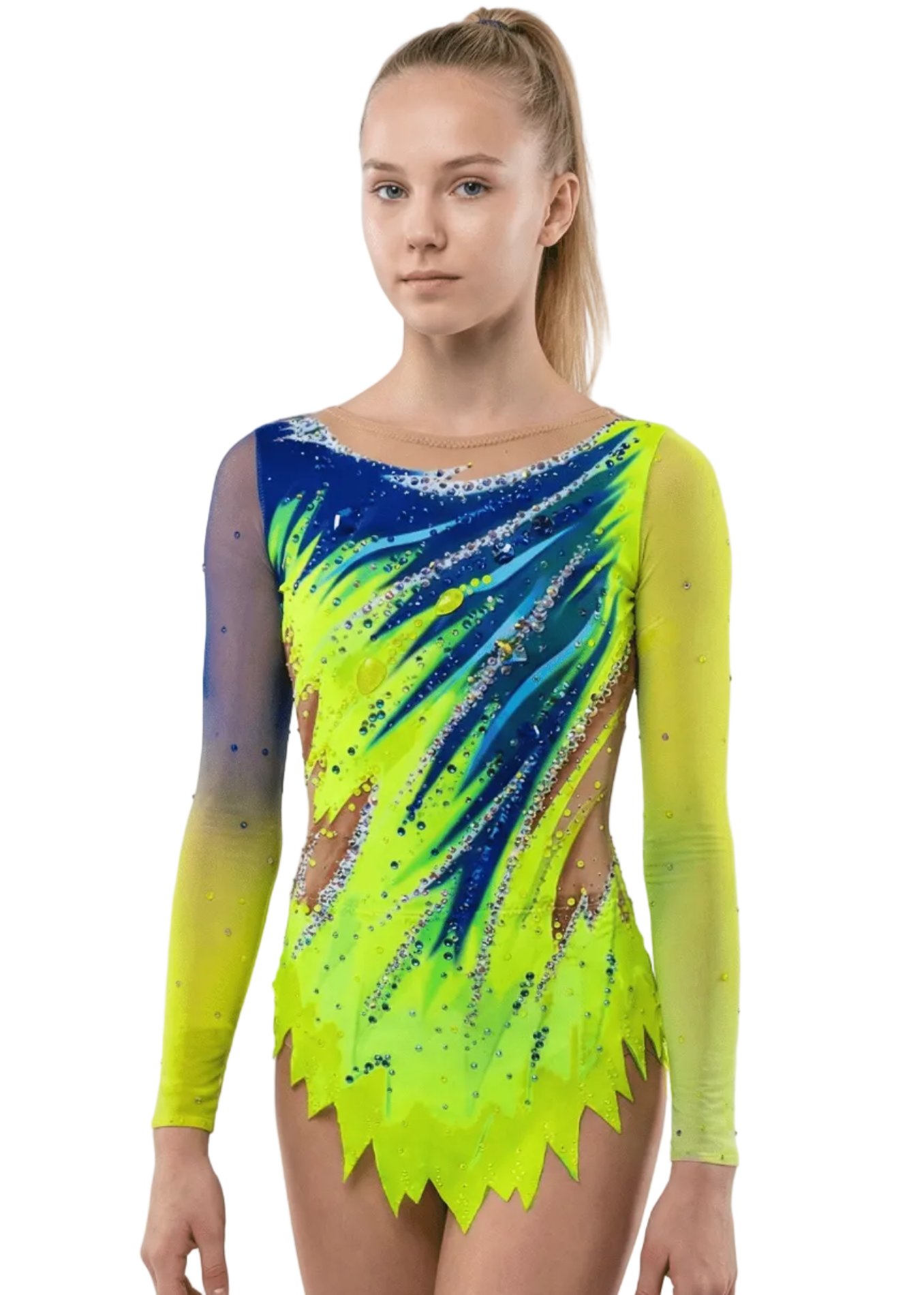 Body da gara per ginnastica ritmica giallo e blu, maniche lunghe semitrasparenti, abbondanti strass e design frontale ondulado con sfumature brillanti.
Body da ritmica giallo lime e blu intenso, trasparenze laterali, strass sparsi e stile frontale dinamico con tratti curvi.
Body da gara per ginnastica ritmica giallo e blu con strass, maniche lunghe e presunta continuità posteriore di linee ondulate vibranti.