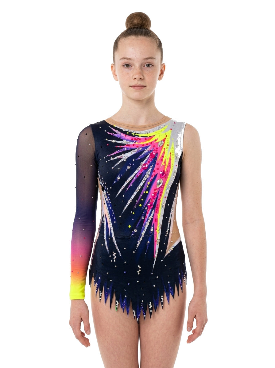 Body da ginnastica ritmica Alana Vinkova, davanti: nero, raggi multicolori, una manica lunga.