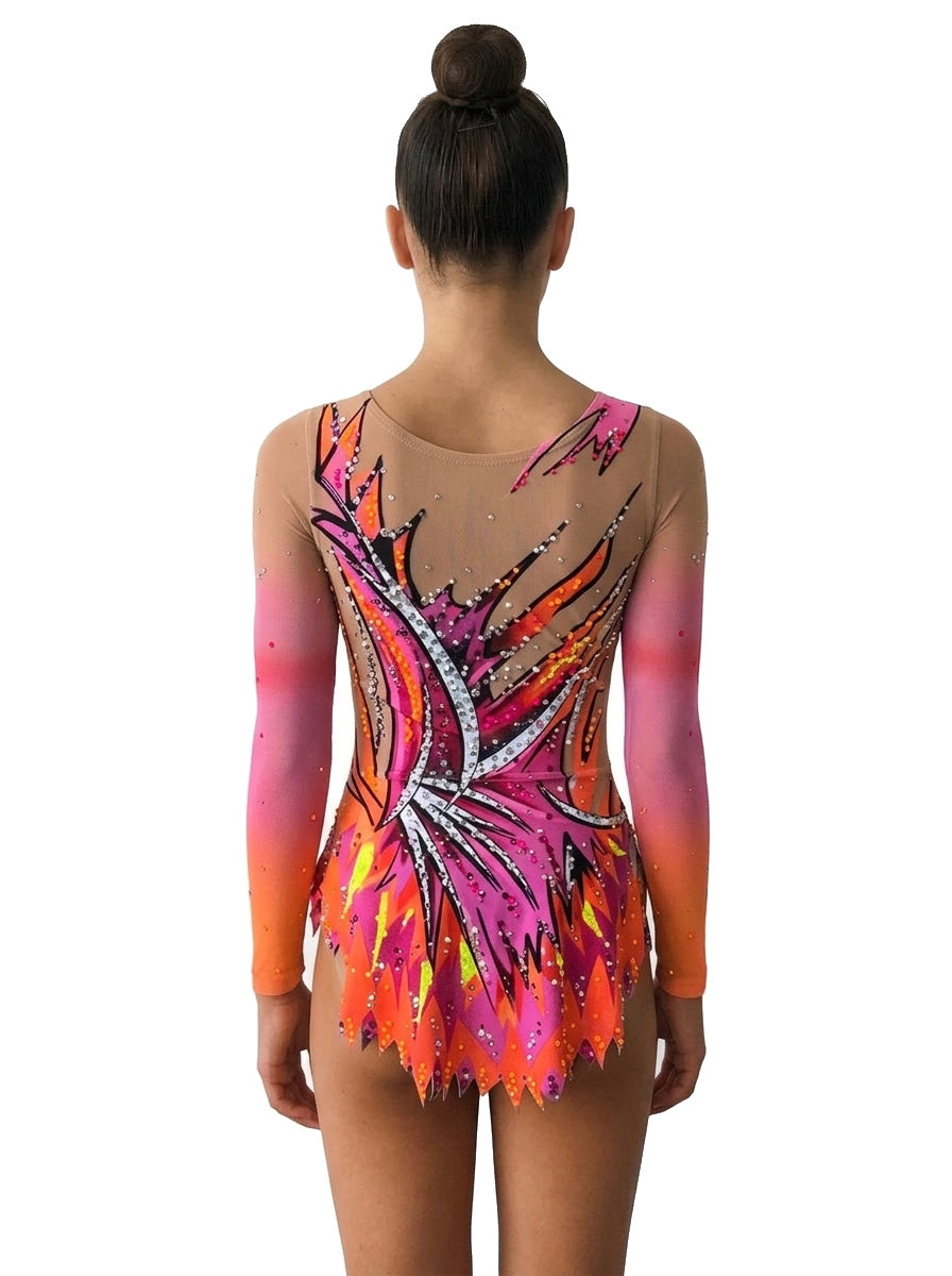 Body Bora Vinkova, dietro: rosa e arancione, linee curve nere, maniche lunghe.