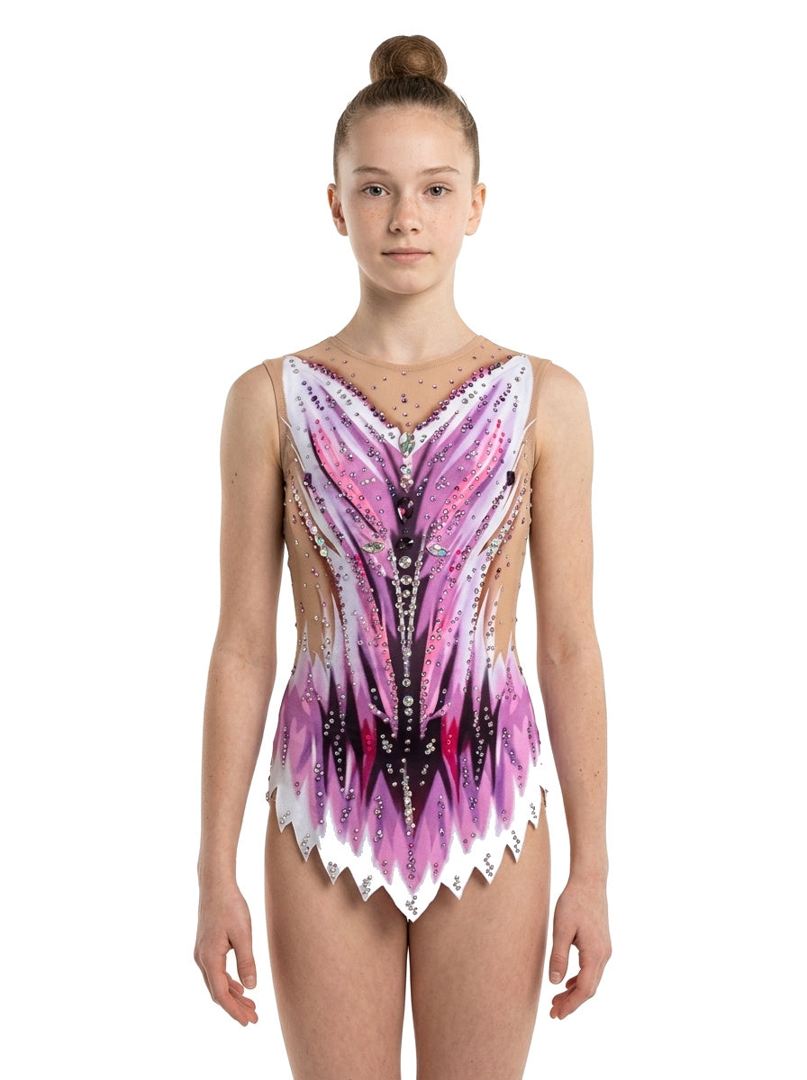 Body da ginnastica ritmica Glow Vinkova, davanti: rosa, bianco e nero, linee a V.