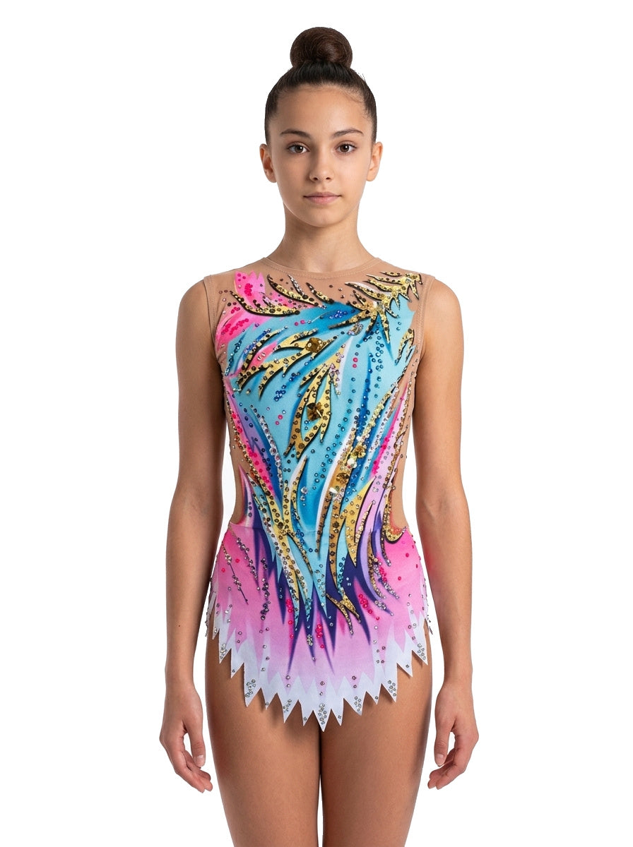 Body da ginnastica ritmica Leo Vinkova, davanti: turchese e rosa, curve dorate e nere.