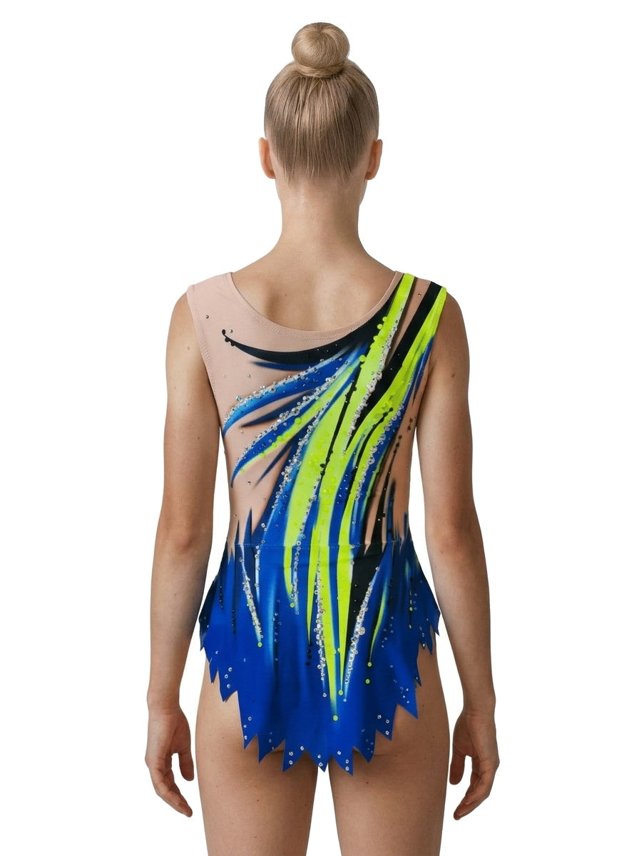 Body Luxor Vinkova, dietro: blu e lime, linee curve.