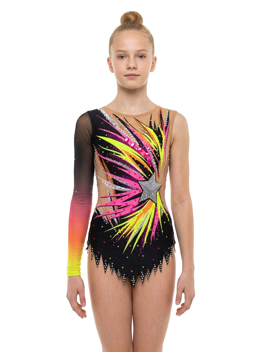 Body da ginnastica ritmica Pop Vinkova, davanti: nero, stella argentata, una manica lunga.