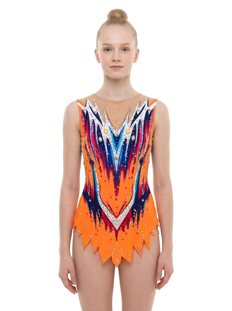 Body da ginnastica ritmica Regina Vinkova, davanti: arancione, blu e bianco, linee a V.
