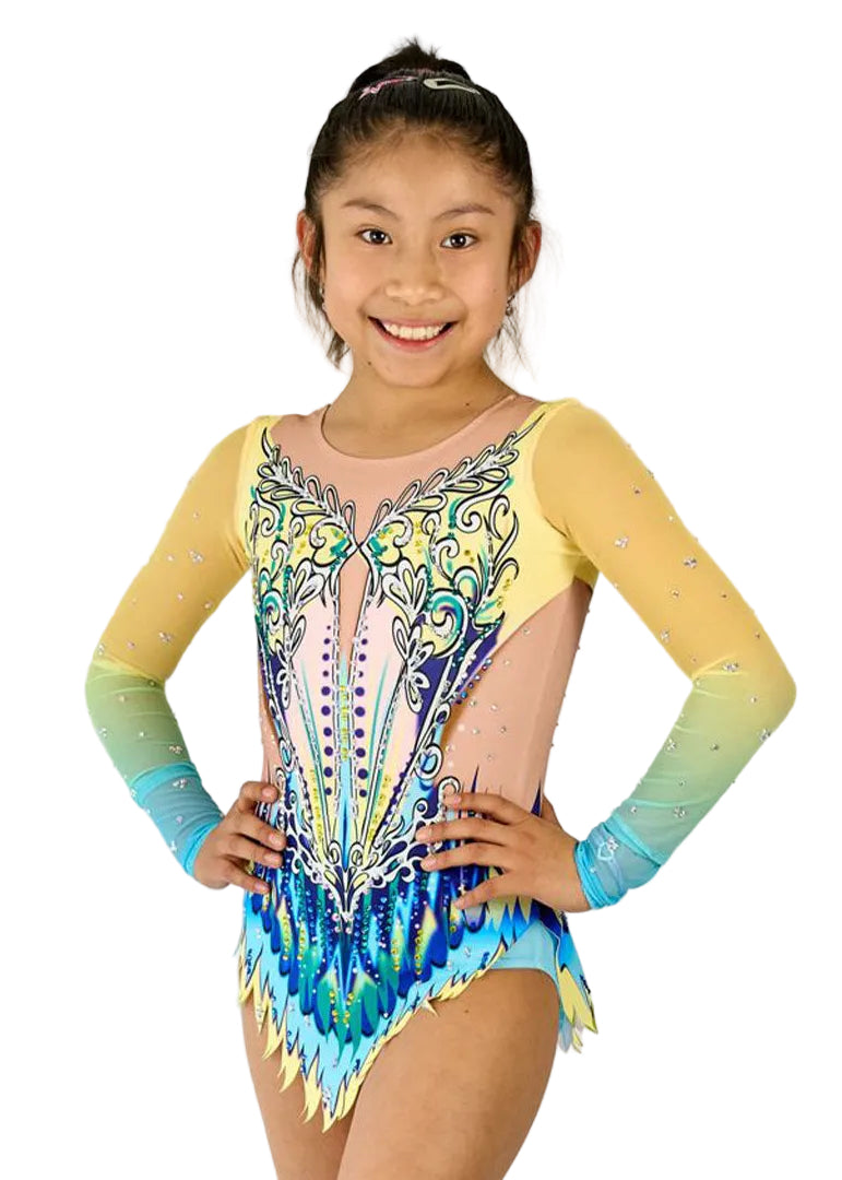 Body da ginnastica ritmica modello Pancake in colore giallo e blu con strass.