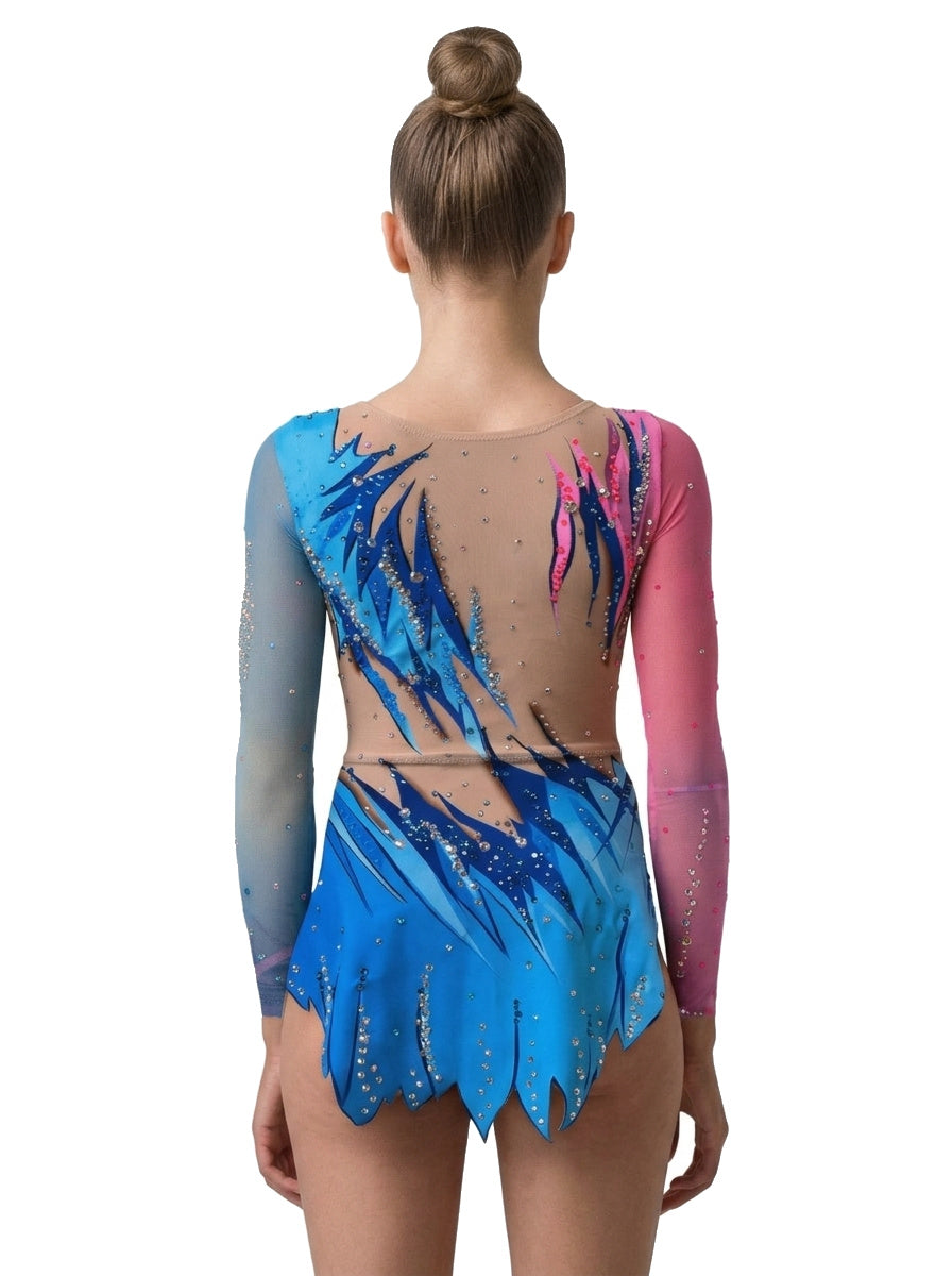 Body Viva Vinkova, dietro: blu e rosa, maniche lunghe, inserto color carne.