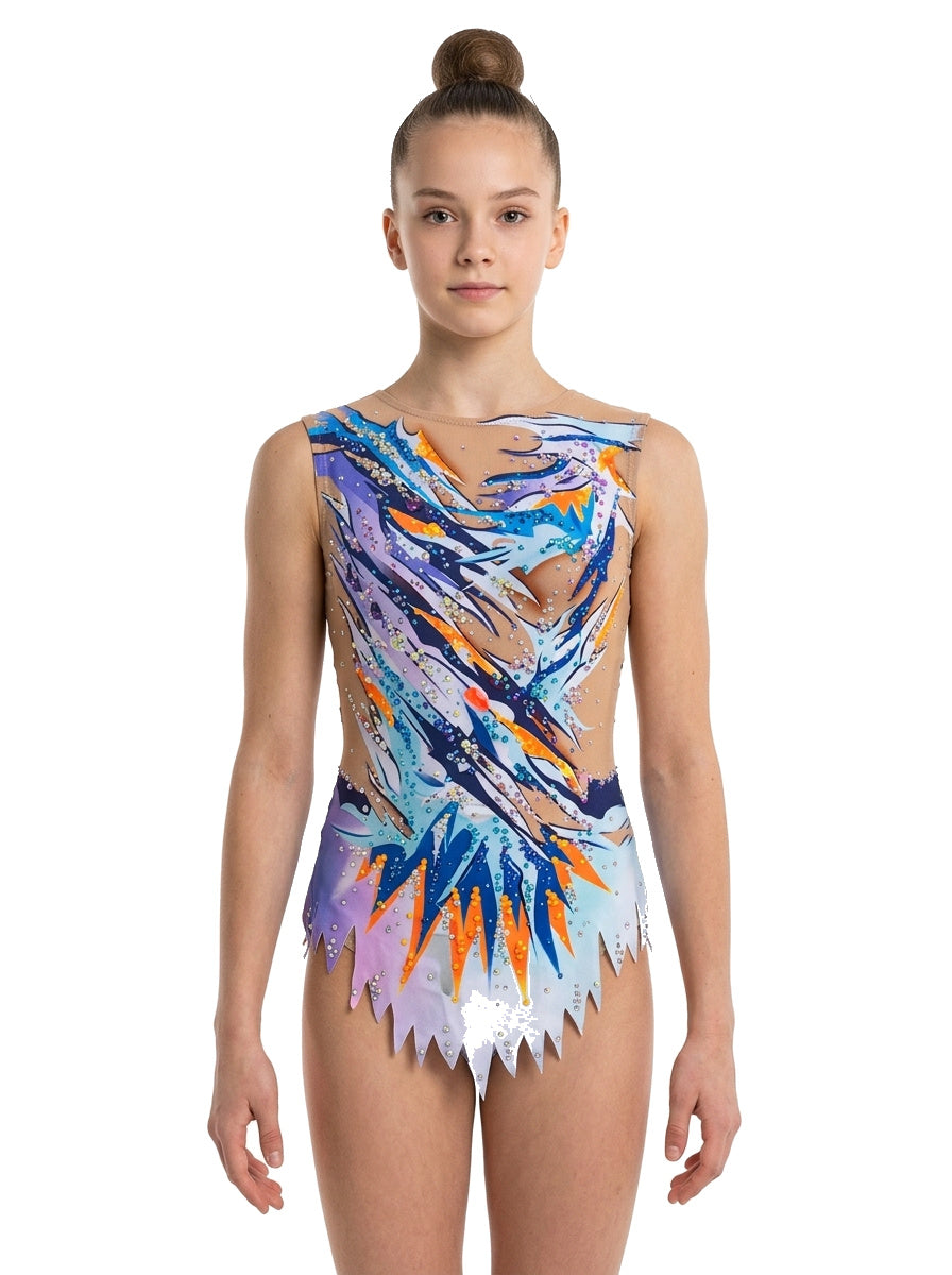 Body da ginnastica ritmica Zip Vinkova, davanti: arancione, blu e bianco, linee diagonali.