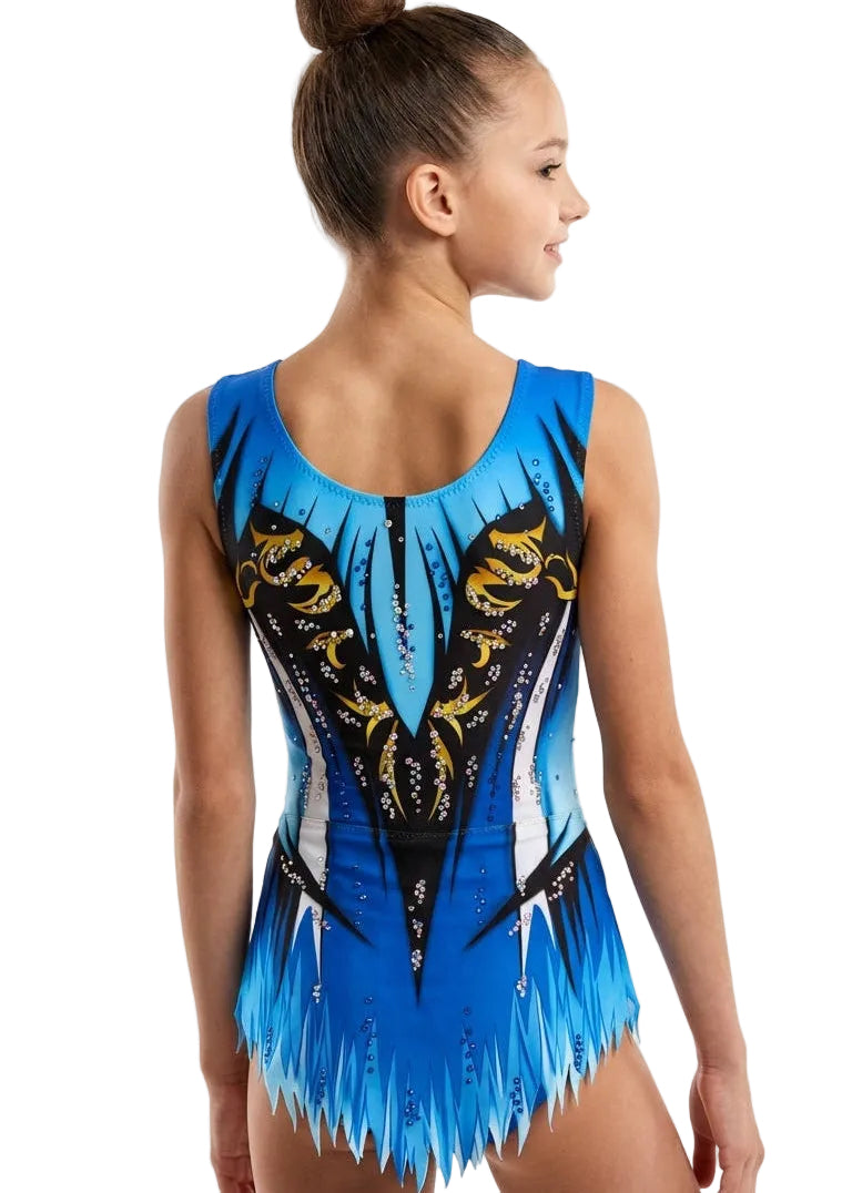 Body da ginnastica ritmica da gara schiena blu, nero e dorato con strass