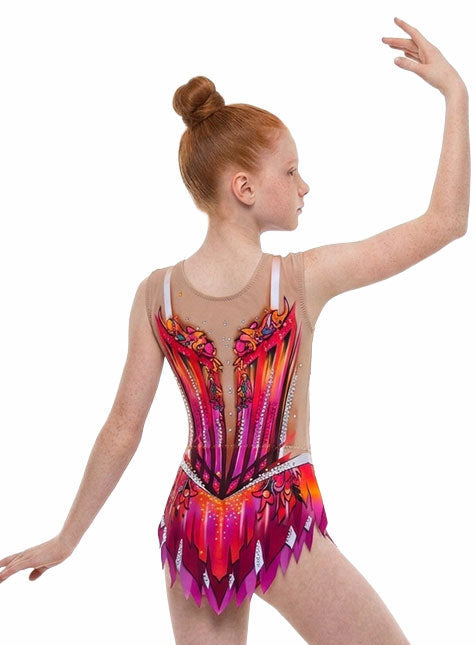 Body professionale elastico multicolor con dettagli in cristallo e gonnellino a punte per ginnastica ritmica.