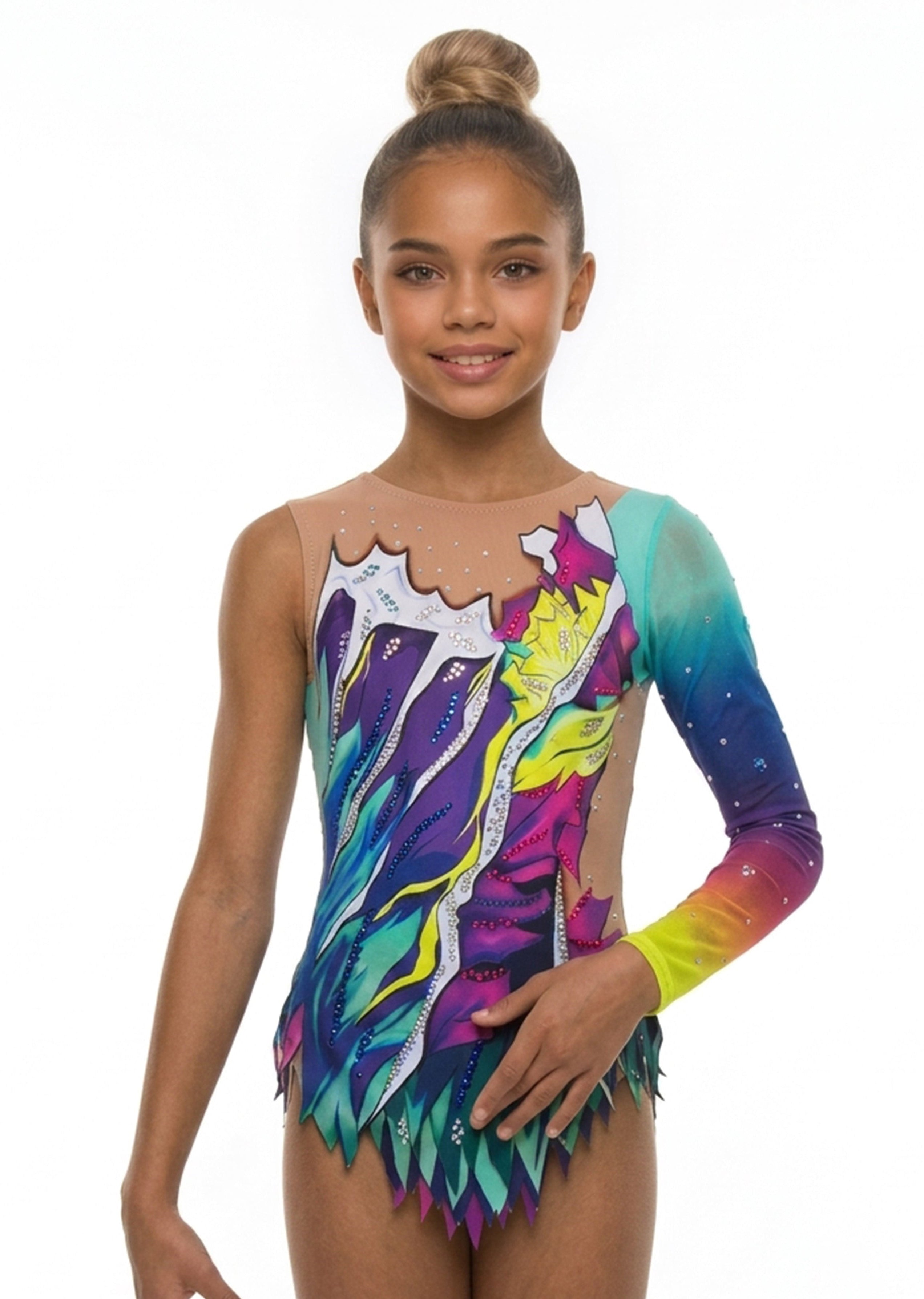 Body da ginnastica ritmica multicolor con strass e design asimmetrico per competizione professionale.