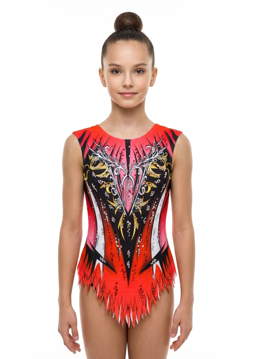 Body da ginnastica ritmica rosso e nero modello New York con strass per competizione.