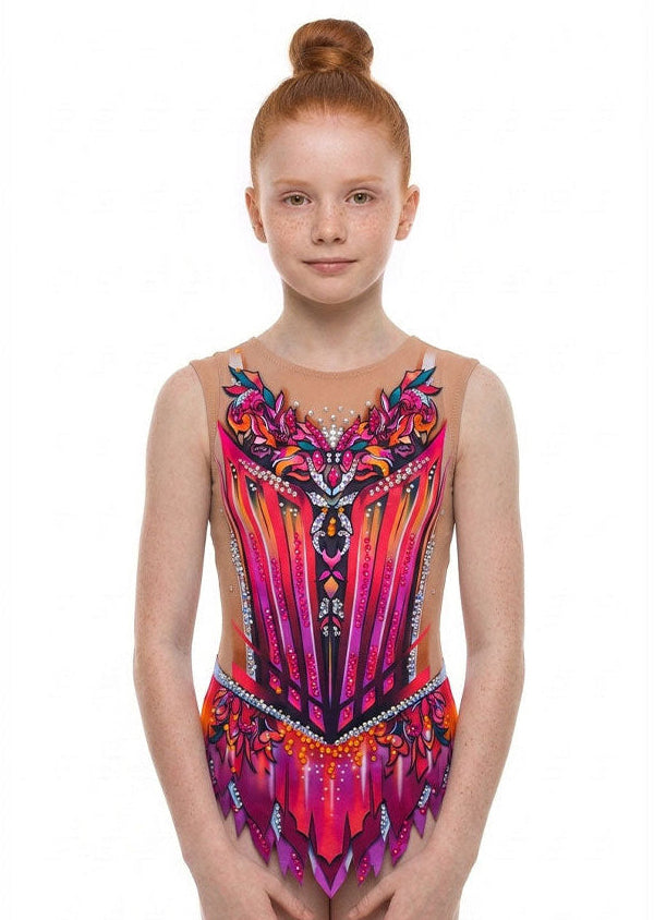 Body da gara per ginnastica ritmica fucsia e arancione con strass e design floreale.