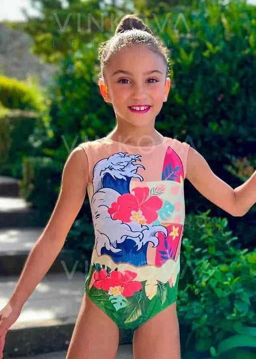 Body da ginnastica ritmica senza maniche con design a grande onda, fiori di ibisco e motivi tropicali.