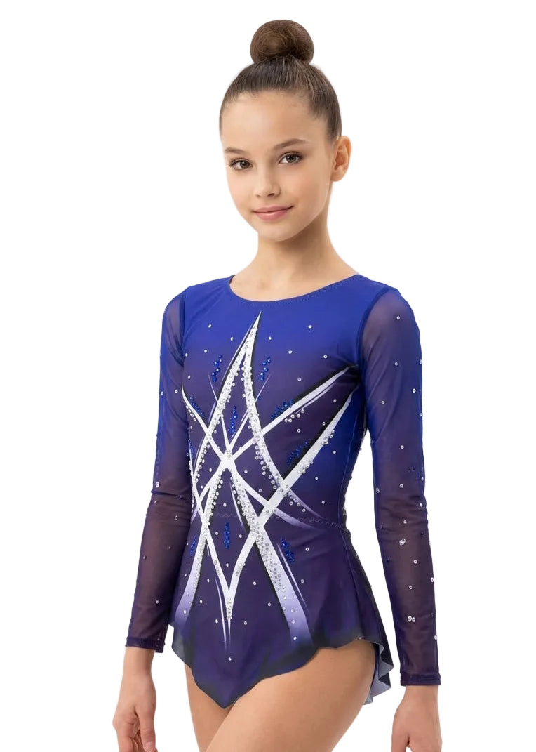 Body ritmica da gara viola scuro design geometrico con strass modello Texas